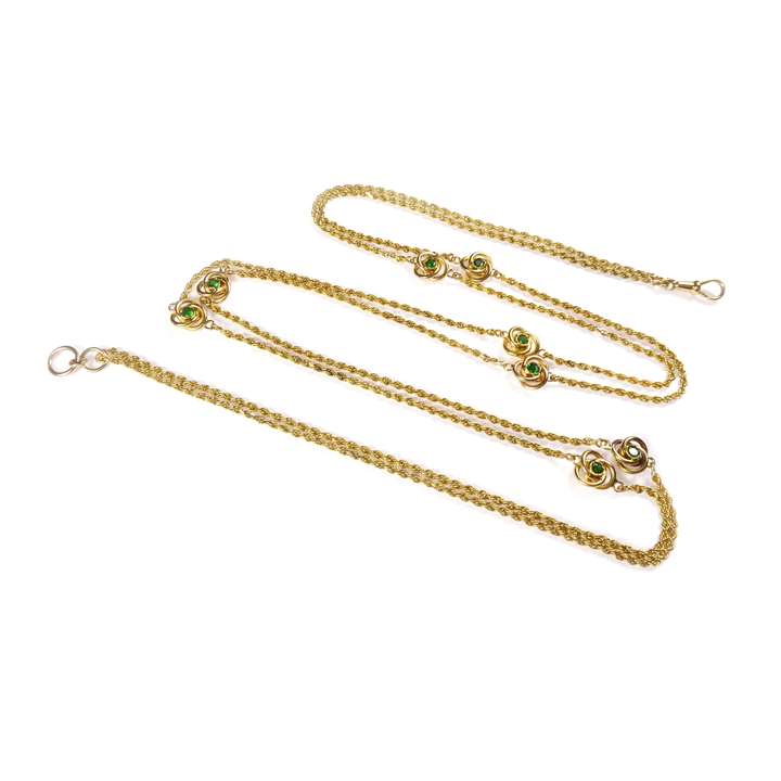 Antique ropetwist gold and demantoid garnet long chain necklace